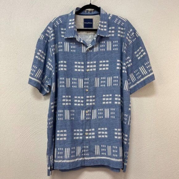 Tommy Bahama Hawaiian Shirt Blue Button-up Silk Cotton Lines Stripe Men's SZ XXL - Picture 1 of 4